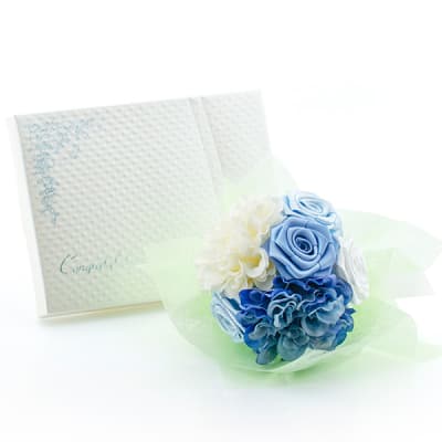 RIBBON LOVERS〉リボンローズブーケ（ブルー）＋キラキラHAPPYBOX電報 
